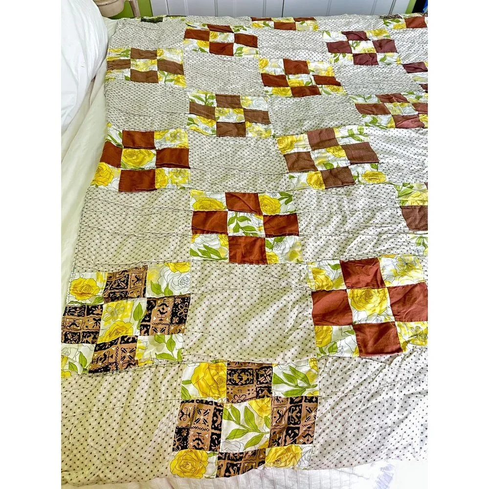 Vintage Quilt Handmade Patchwork Brown Accents 67